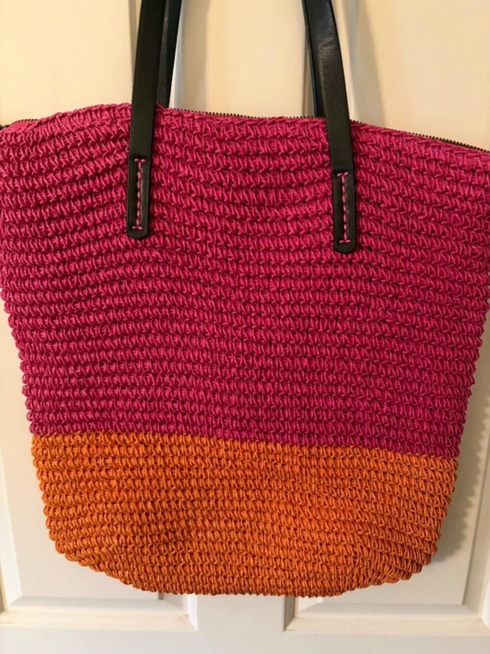 Women's Beach Bag Pink and Orange Color-blocked Straw Shopper Tote